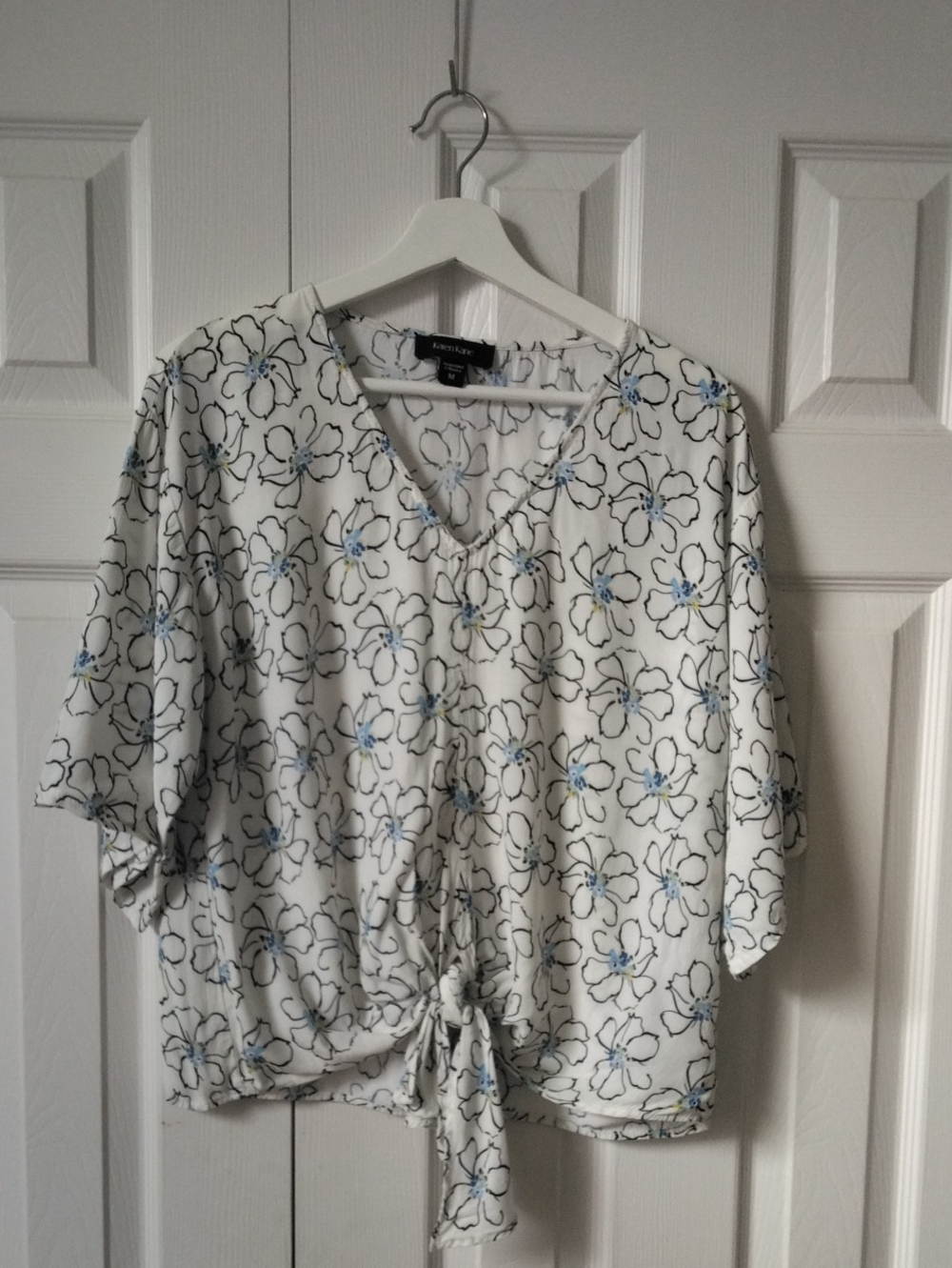 Karen Kane White Floral V-Neck Tie-Front Top with Blue Accents